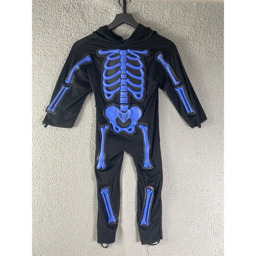 Kids Skeleton Costume 4T Blue 3D Bones Hooded Jumpsuit Halloween